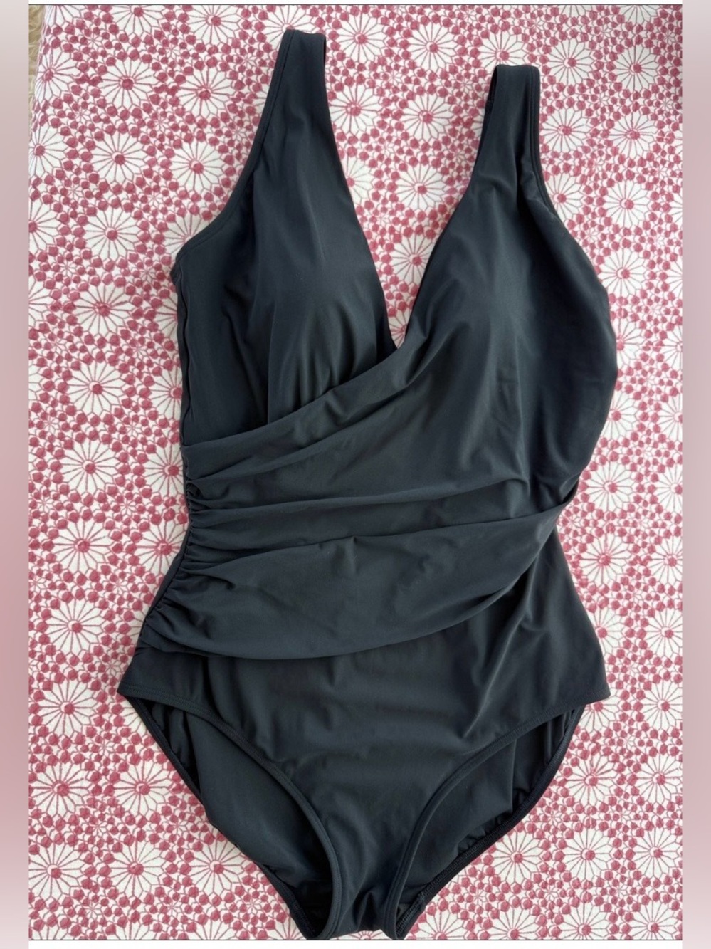 L.L. Bean Black Surplice Ruched One-Piece Swimsuit